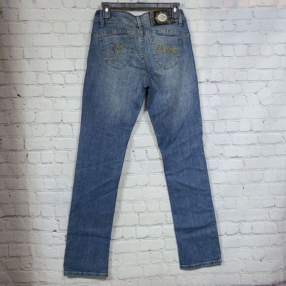 House of De'reon Beyonce Mid-Rise Straight Premium Jeans Blue Distressed Denim - Picture 6 of 15